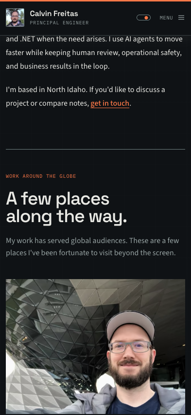 The redesigned About page's places section at an iPhone 15 viewport in dark mode