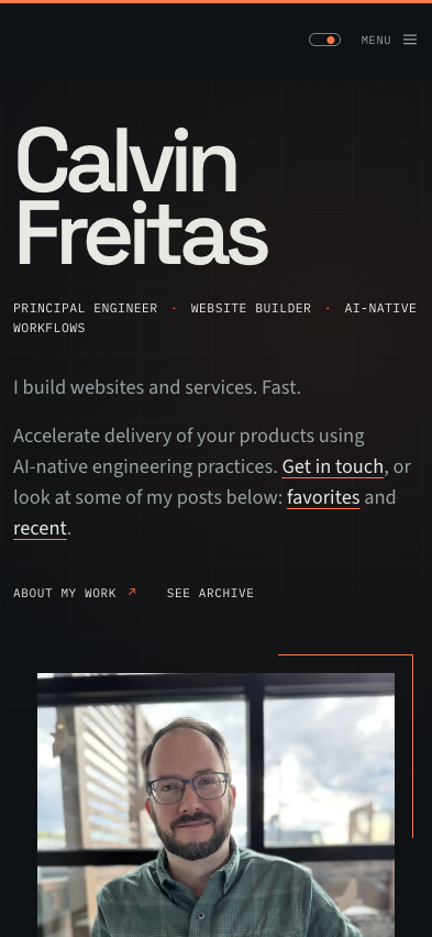 The redesigned calvinf.com homepage at an iPhone 15 viewport in dark mode